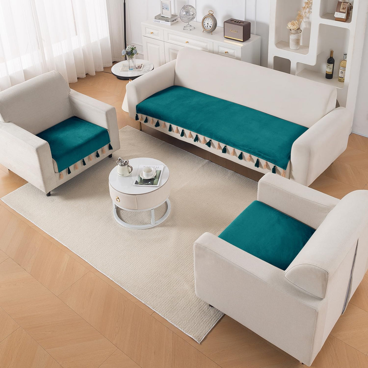 Premium Holland Velvet 5-Seater Sofa Cover (3+1+1), TasselTone Series | Teal