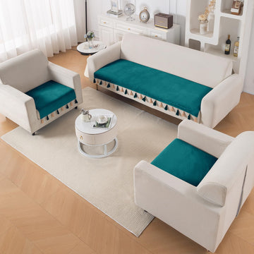Premium Holland Velvet 5-Seater Sofa Cover (3+1+1), TasselTone Series | Teal