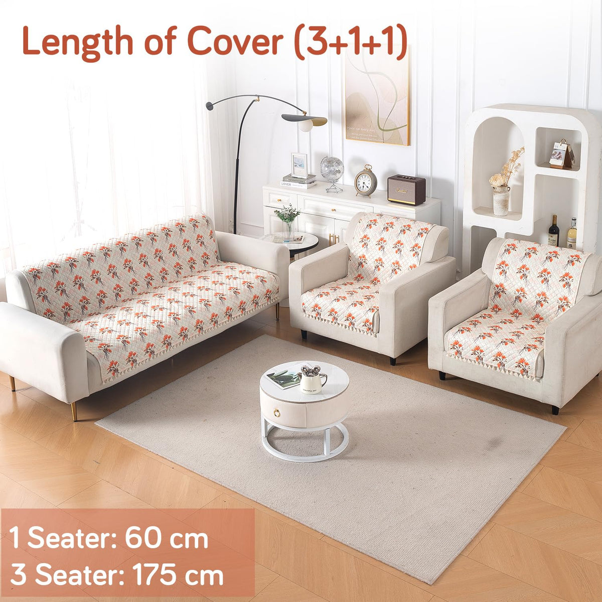 Quilted Sofa Cover 5-Seater Sofa Cover (3+1+1), Tassel Twigs | Autumn Blossom