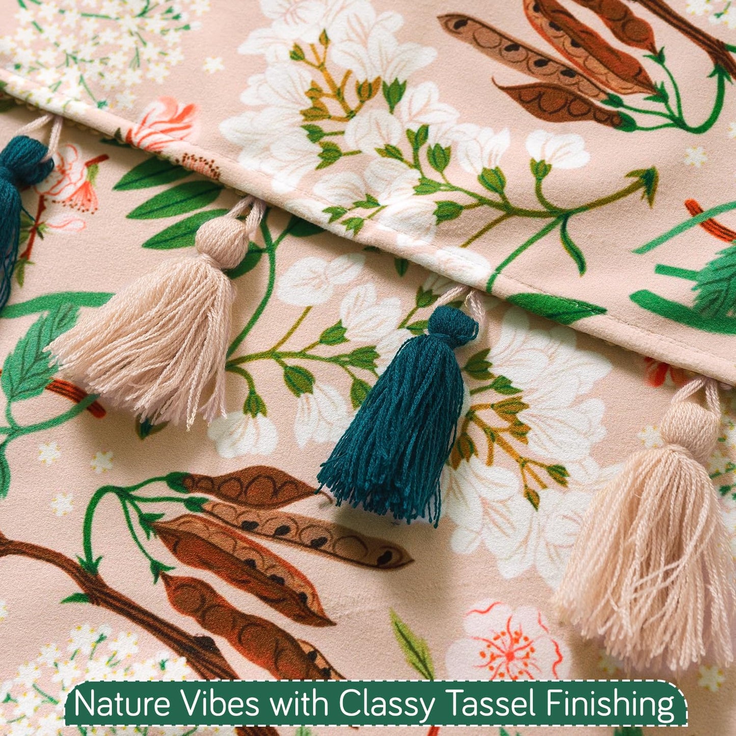 'Whispers of Nature' Series Holland Velvet Sofa Seat Mat with Tassel, Beige Woodland Bloom