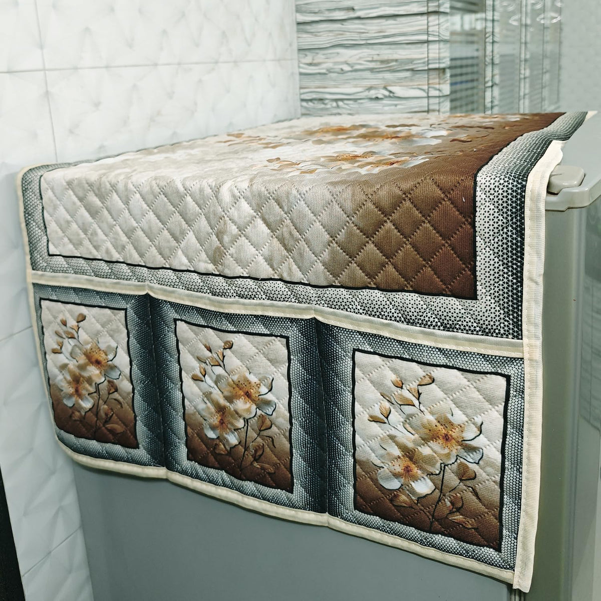 Eternal Floral Printed Quilted Fridge Top Cover with side Pockets - Ivory Luxe