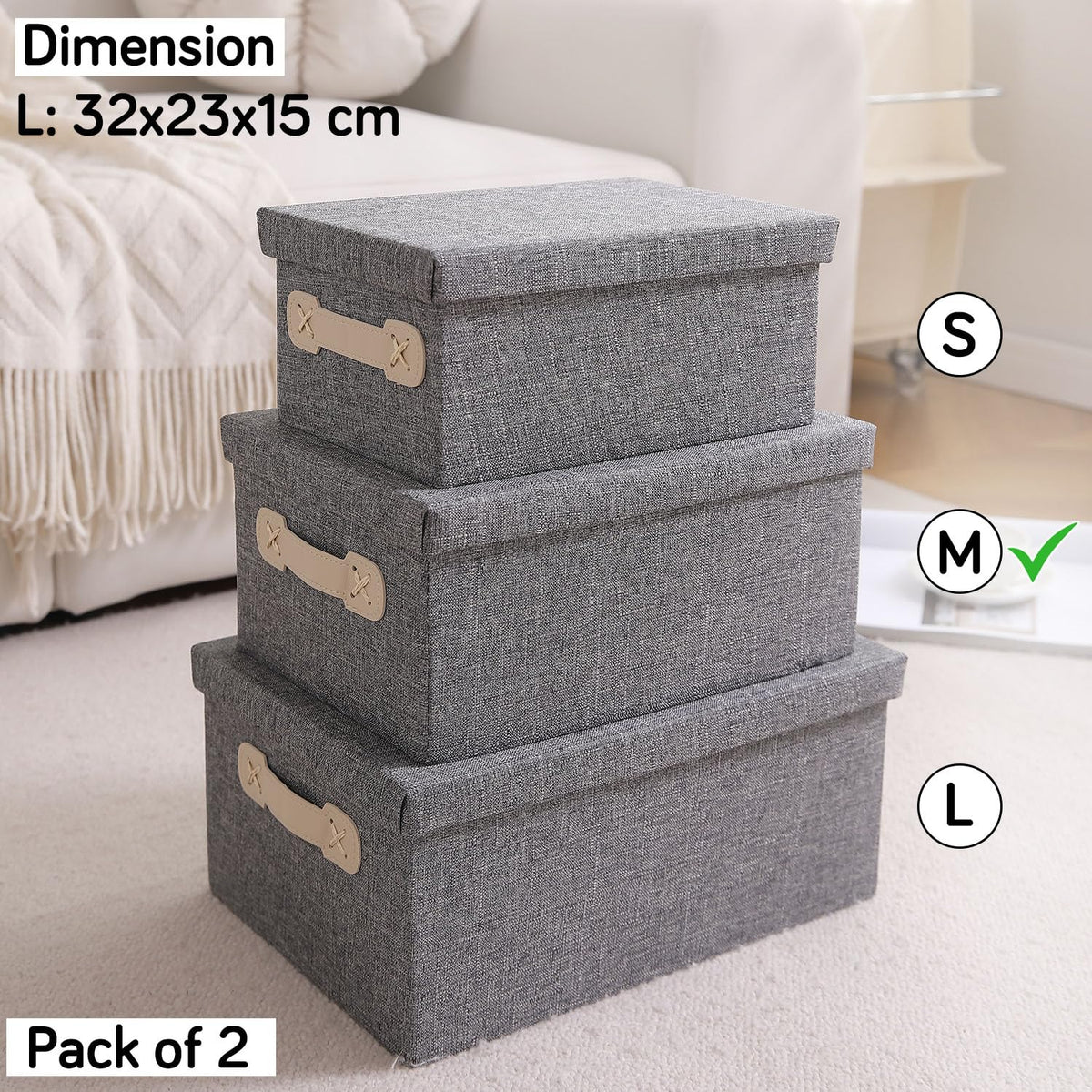 Organisers Storage Box with Lid, Grey, Pack of 2