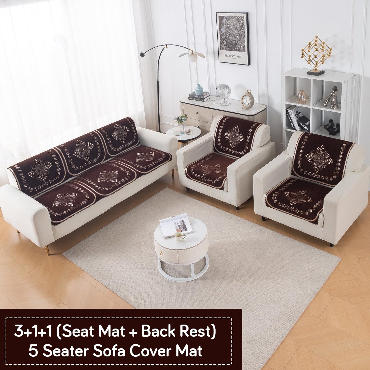 Royal Aangan Premium Chenille Jacquard Sofa Cover 5 Seater Set 3+1+1 Sofa Cover for Seat & Back, Sheesh Brown