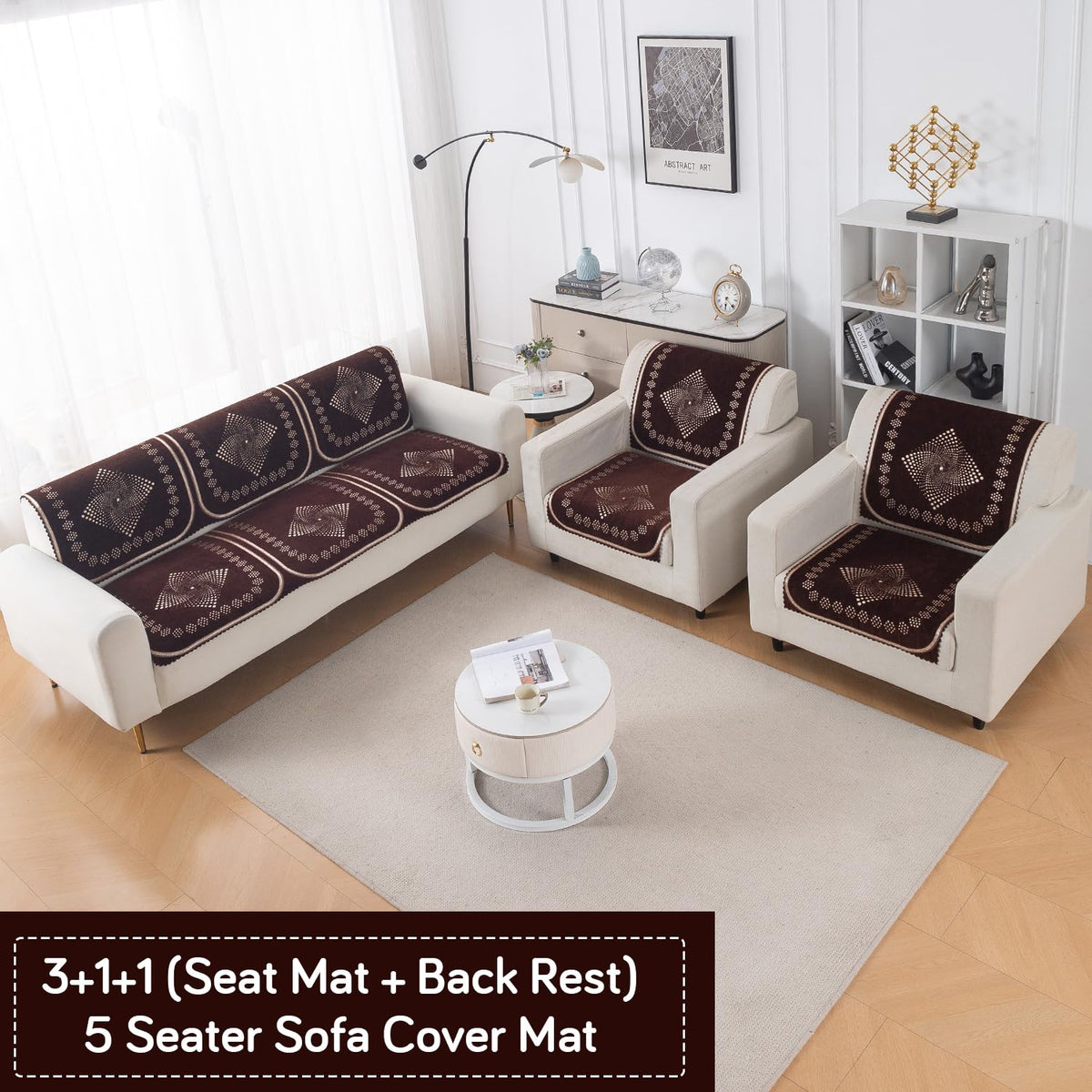 Royal Aangan Premium Chenille Jacquard Sofa Cover 5 Seater Set 3+1+1 Sofa Cover for Seat & Back, Sheesh Brown