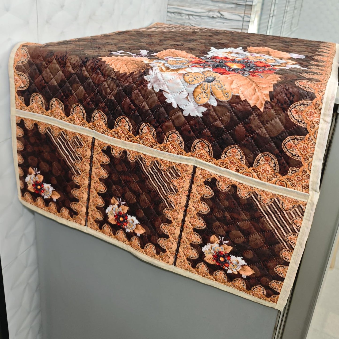 Eternal Floral Printed Quilted Fridge Top Cover with side Pockets - Golden Bloom