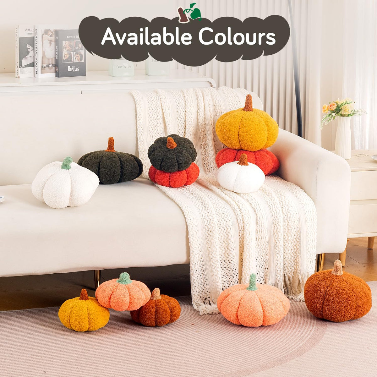 HOKIPO Pumpkin Shaped Plush Cushion for Autumn Decor, 19 cm, Olive Green