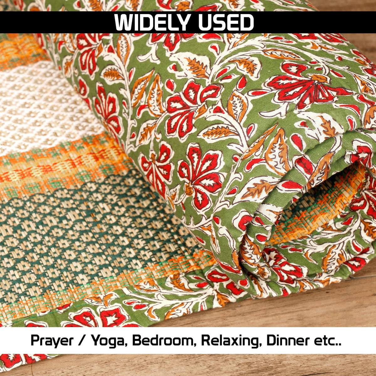Green Colour Comfortable Madurkathi chatai mat with foam, eco-friendly handcrafted design for reading and relaxation.
