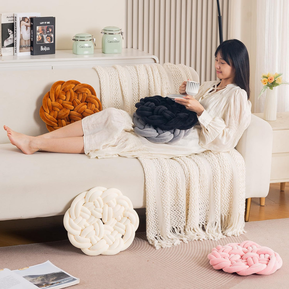 HOKIPO Round Braided Knot Cushion for Bed, Couch & Chair, 36 cm, Pink