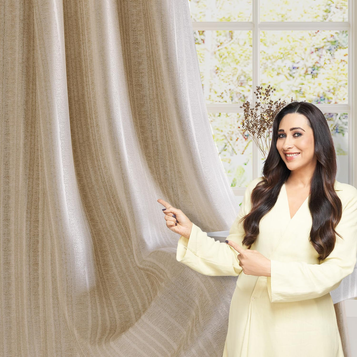 HOKIPO Royal Blend Eyelet Curtains, 7 Feet Long - Soft Beige