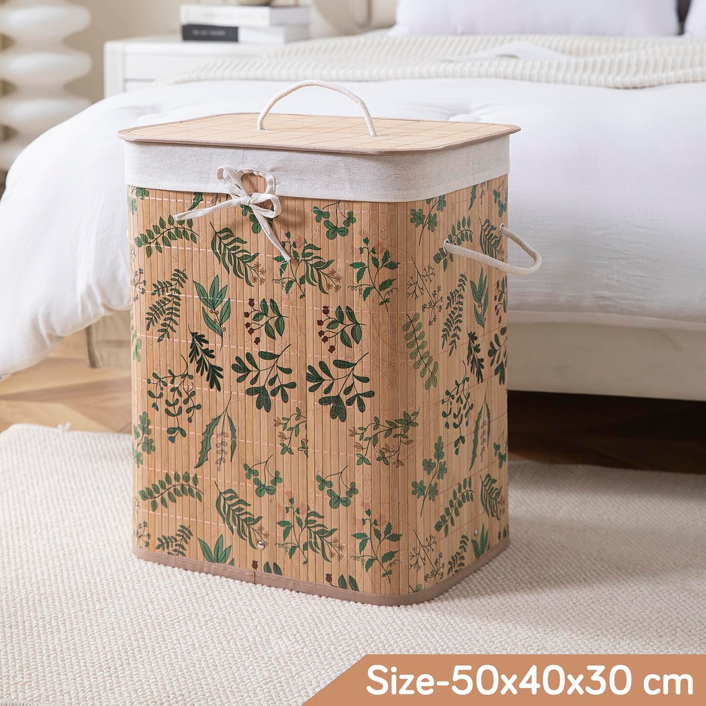 Eco-Friendly Foldable Bamboo Laundry Basket Hamper with Lid, Large - 60 Liter, Fern Leaves
