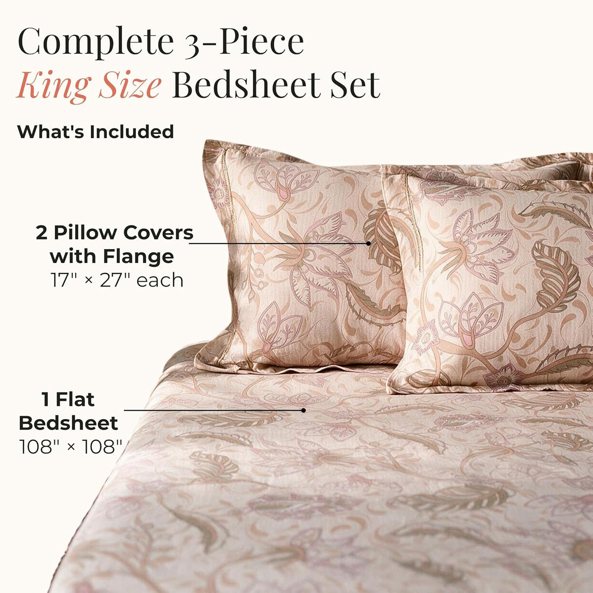HOKIPO Floral 180 TC Cotton Twill Flat Bedsheet in King Size, Old Rose - image 5