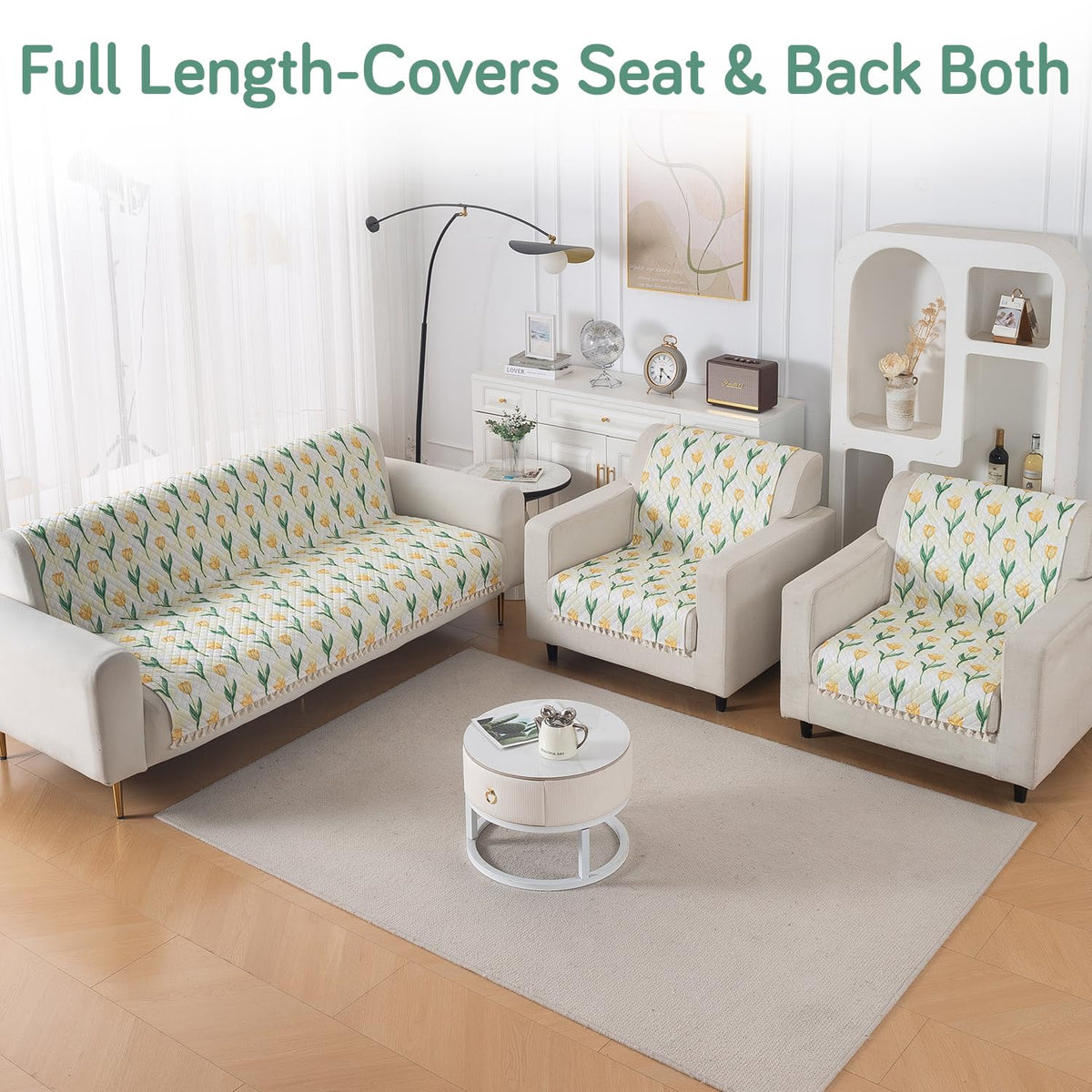 Quilted Sofa Cover 5-Seater Sofa Cover (3+1+1), Tassel Twigs | Tulip Blossom