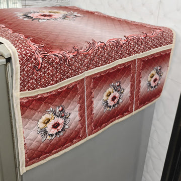 Eternal Floral Printed Quilted Fridge Top Cover with side Pockets - Crimson Bouquet