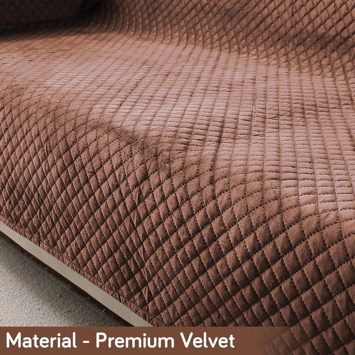 Quilted Velvet Sofa Cover Mat with Side Pockets, Pet Friendly, Russet Brown