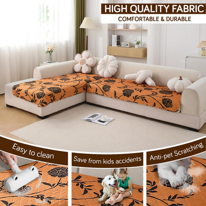 Waterproof Printed Quilted Quick Dry L Shape Sofa Seat Cover Mat, Copper Brown Floral