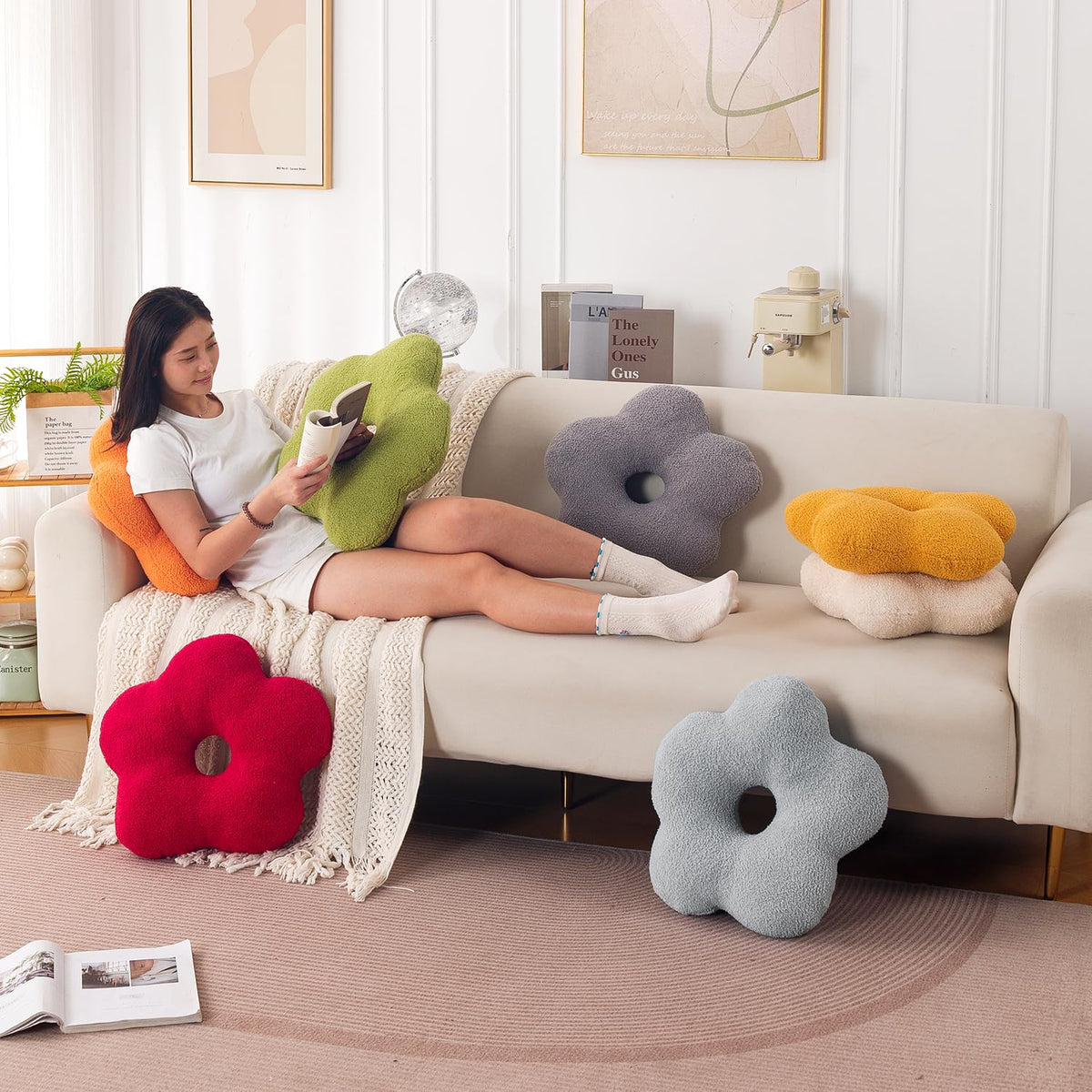 HOKIPO Flower Shaped Cushion for Sofa & Bed, 49 cm, Light Grey