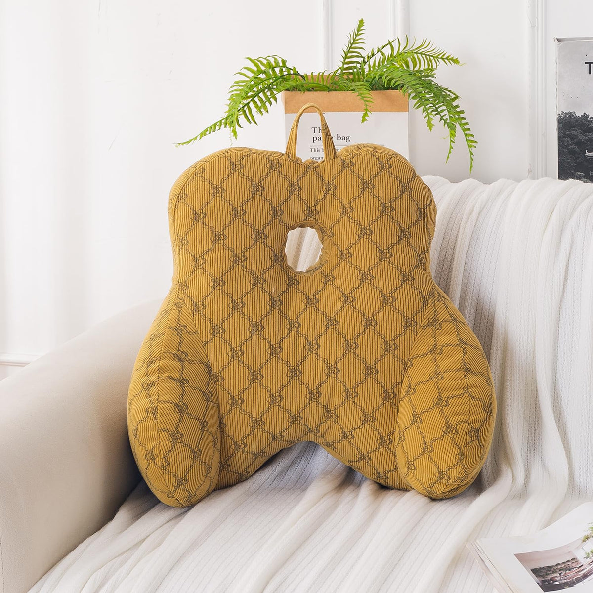 HOKIPO Teddy Lumbar Back Support Cushion for Chair, Sofa & Office, Yellow