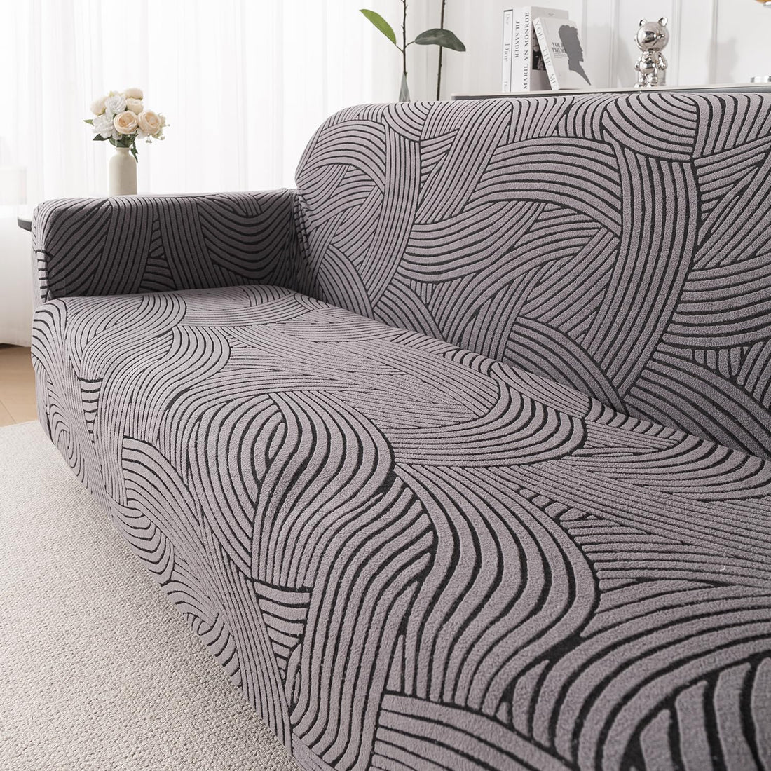 'WaveLine Series' Jacquard Sofa Cover 1/2/3/4-seater Fully Covered, Charcoal Grey