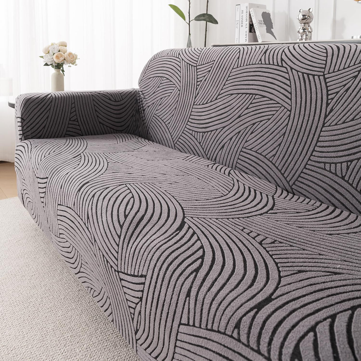 'WaveLine Series' Jacquard Sofa Cover 1/2/3/4-seater Fully Covered, Charcoal Grey