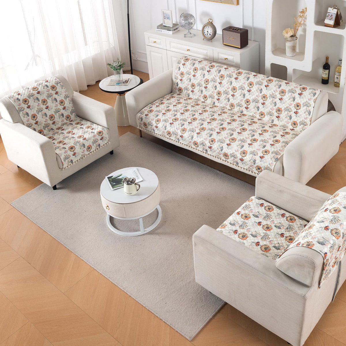 Quilted Sofa Cover 5-Seater Sofa Cover (3+1+1), Tassel Twigs | Wildflower Breeze