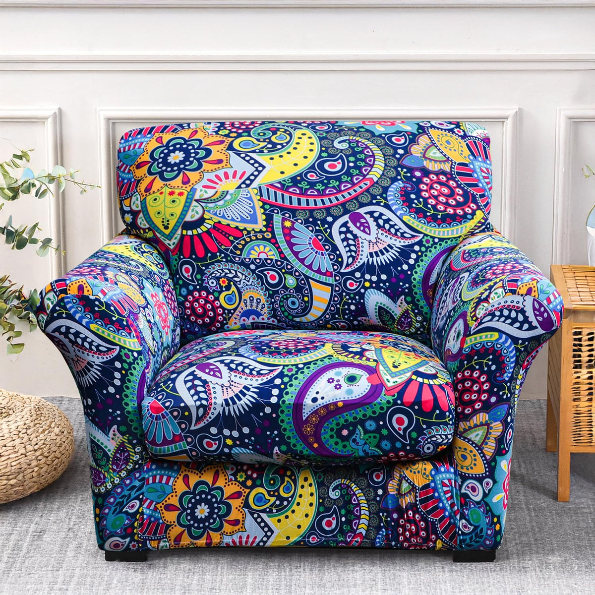 Printed Stretchable Sofa Slipcover with 1/2/3 Pc Separate Seat Cushion Cover for each 1/2/3 Seater, Saphire Boho Carnival