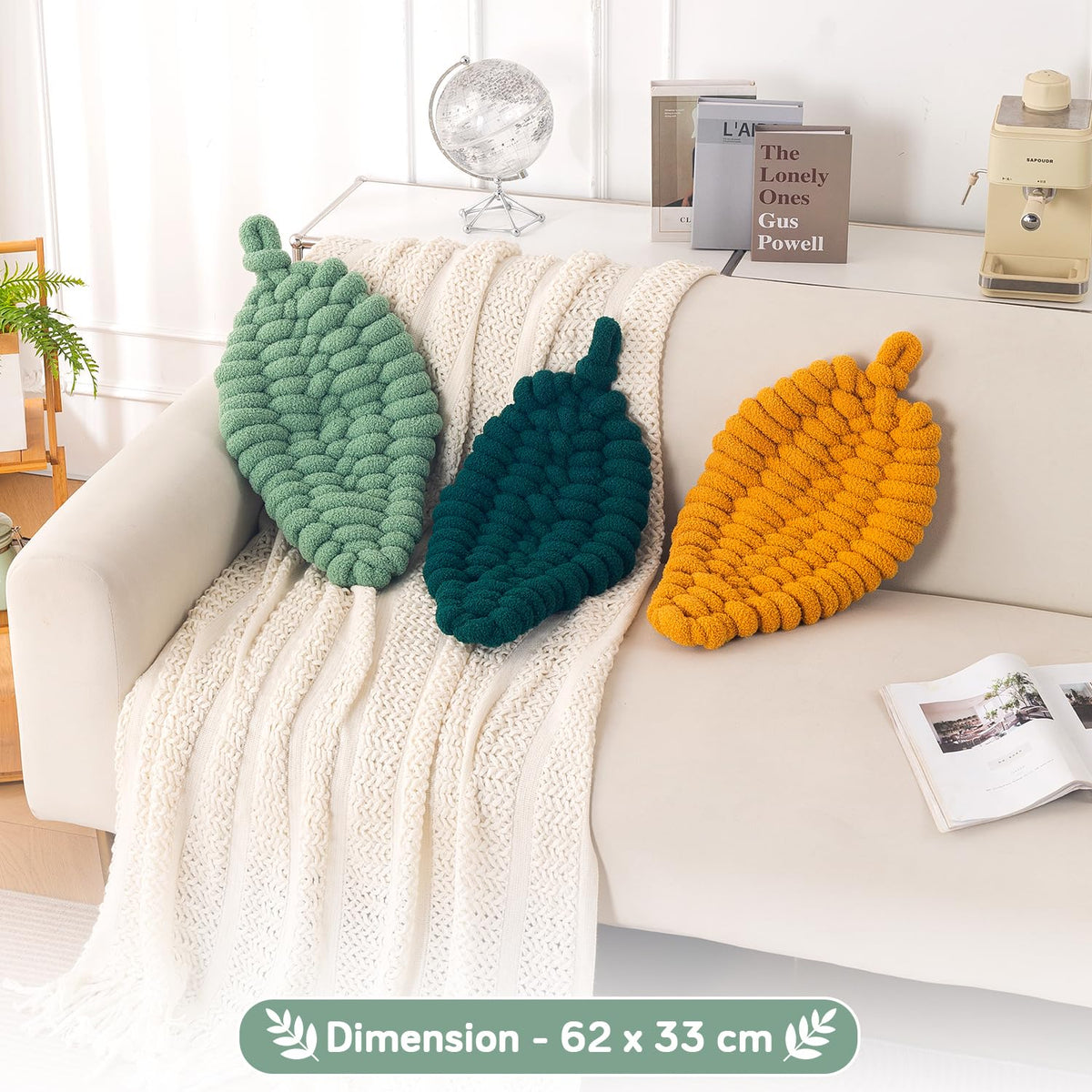 HOKIPO Leaf Shaped Plush Cushion for Sofa, Chair & Bed, 62 cm, Light Green