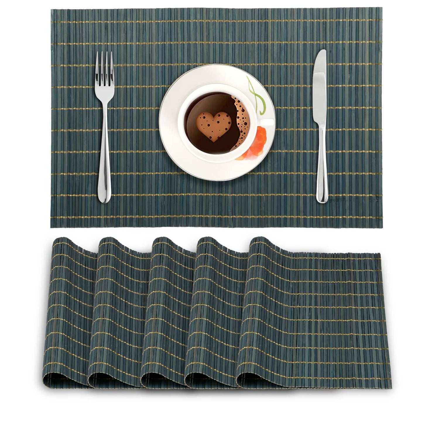 Reversible Bamboo Placemats For Dining Table Set Of 6 Table Mats, 45X30 Cm, Prussian Blue