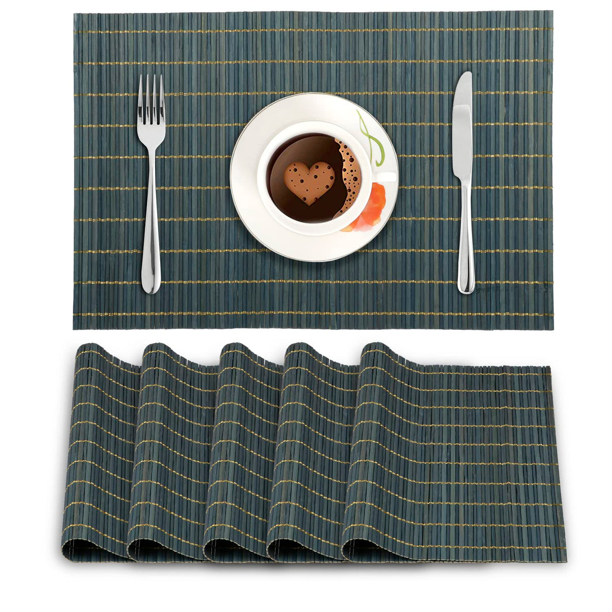 Reversible Bamboo Placemats For Dining Table Set Of 6 Table Mats, 45X30 Cm, Prussian Blue