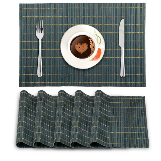 Reversible Bamboo Placemats For Dining Table Set Of 6 Table Mats, 45X30 Cm, Prussian Blue