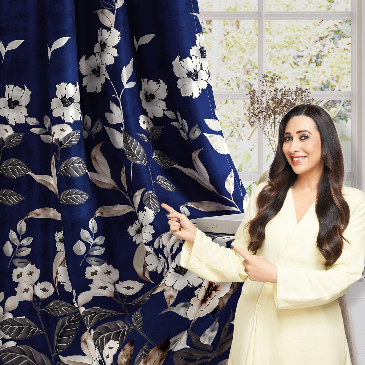HOKIPO Twilight Curtains, 7 Feet Long - Moonlit Blossom Royal Navy