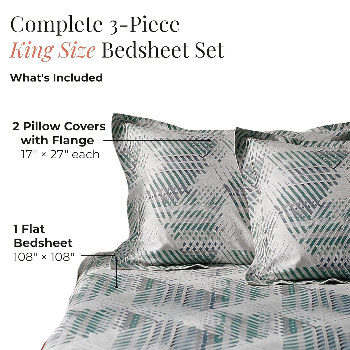 HOKIPO Geometric 300 TC Cotton Sateen Flat Bedsheet, King Size, Teal Grey - image 5