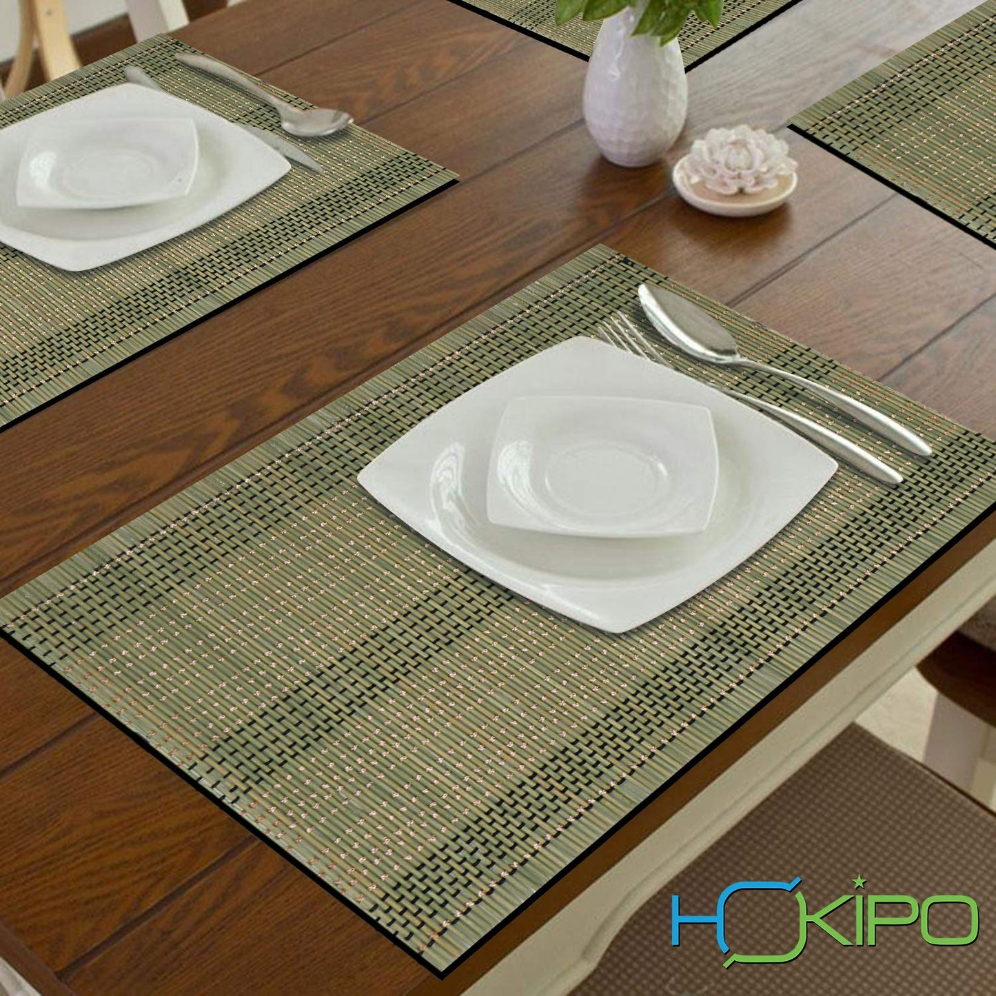 Reversible Bamboo Table Mats for Dining Table, Set of 6 Placemats, 45x30 cm, Moss Green