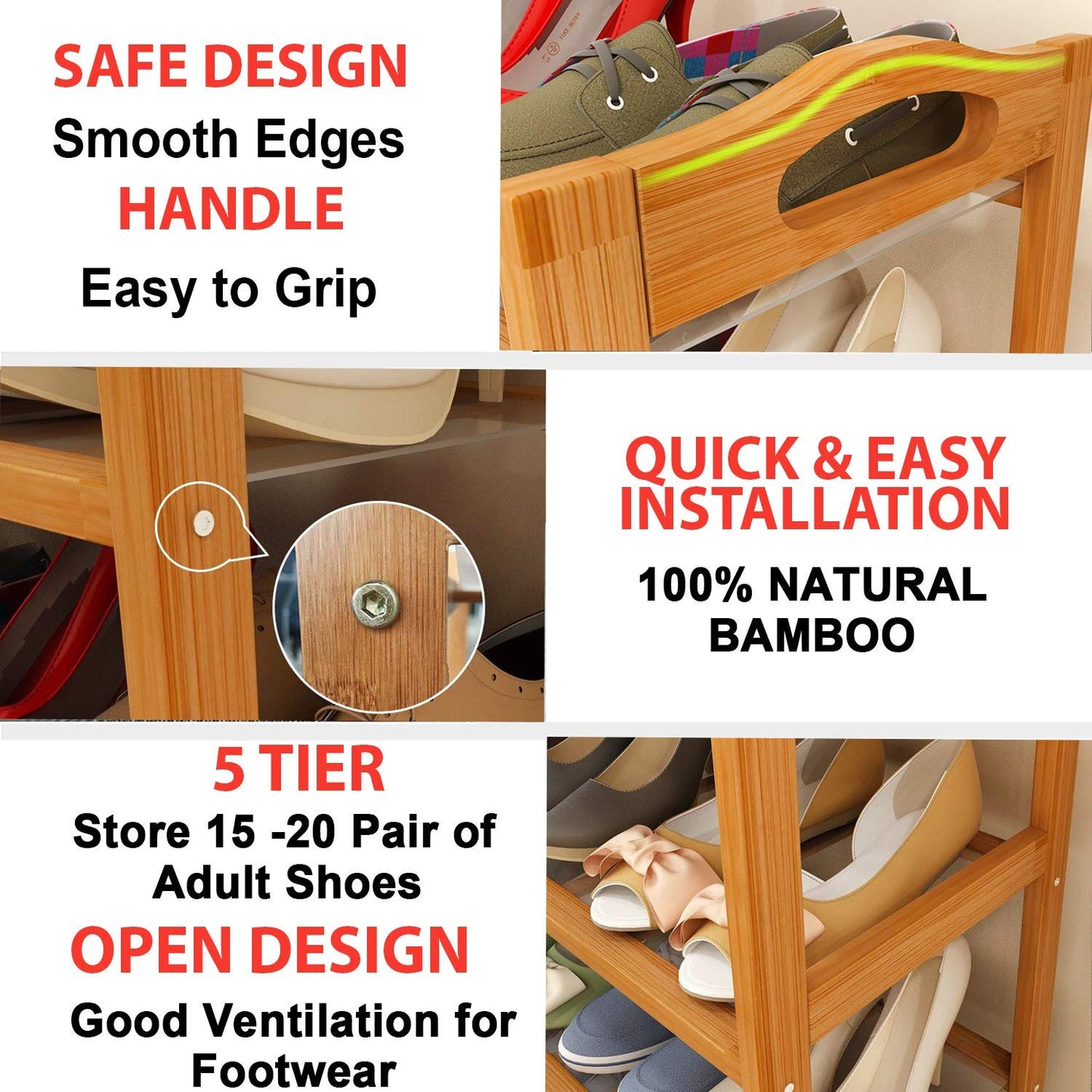 Bamboo 3/4/5 Tier Shoe Racks Slipper Stand Chappal Storage Organizer Utility Racks