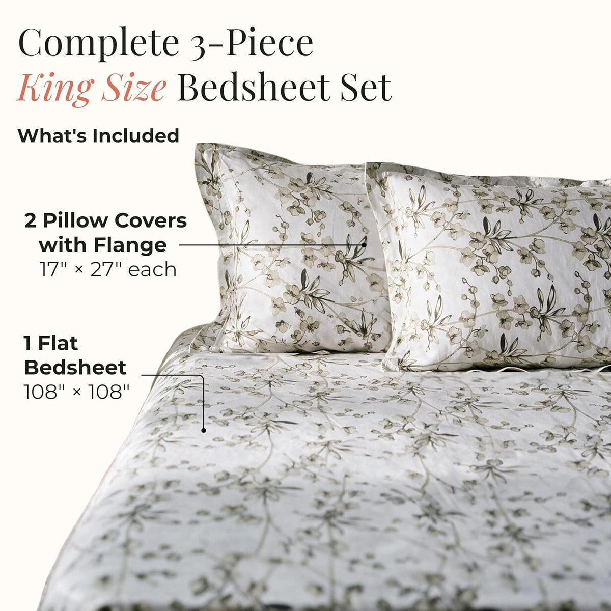 HOKIPO Cherry Blossom 300TC Cotton Sateen Flat Bedsheet, King, Seaweed & Sage - image 5