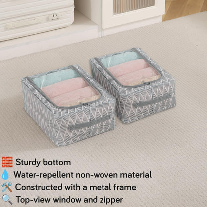 Cloth Organizer with Metal Frame | Moisture & Moth Resistant Wardrobe Organizer | Living Box for Clothes, Grey leaf