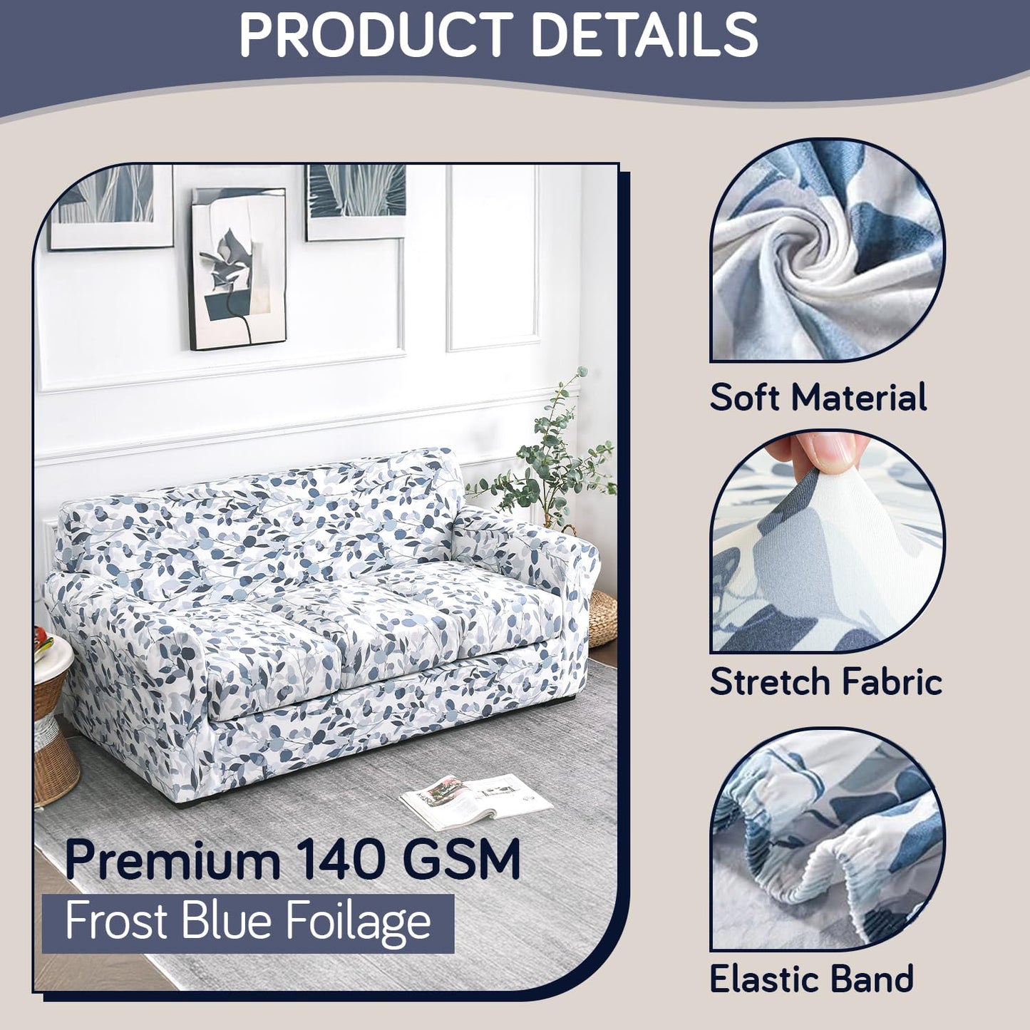 Printed Stretchable Sofa Slipcover with 1/2/3 Pc Separate Seat Cushion Cover for each 1/2/3 Seater,Frost Blue Foilage