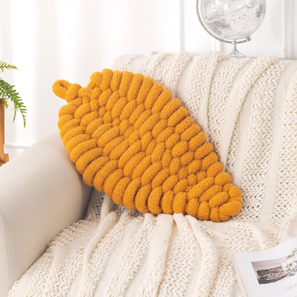 HOKIPO Leaf Shaped Plush Cushion for Sofa, Chair & Bed, 62 cm, Yellow