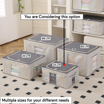 Wardrobe Organizer Storage Box | Foldable Cloth Storage Boxes with Metal Frame & Window | 600D Oxford Fabric, Cream Mist