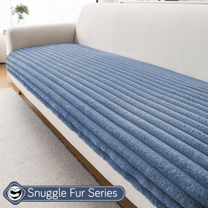 Faux Rabbit Fur Sofa Cover Combination Set, 'Snuggle Fur Series' Denim Blue