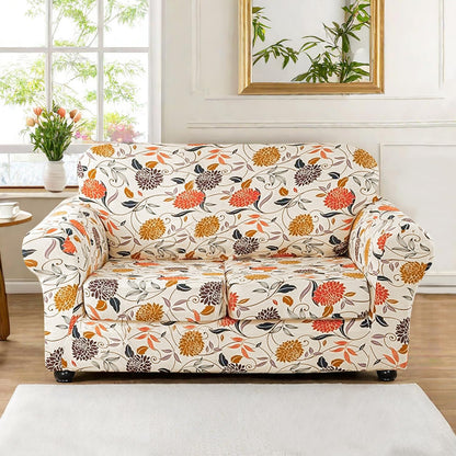 Printed Stretchable Sofa Slipcover with 1/2/3 Pc Separate Seat Cushion Cover for each 1/2/3 Seater, Sunset Botanical Bloom