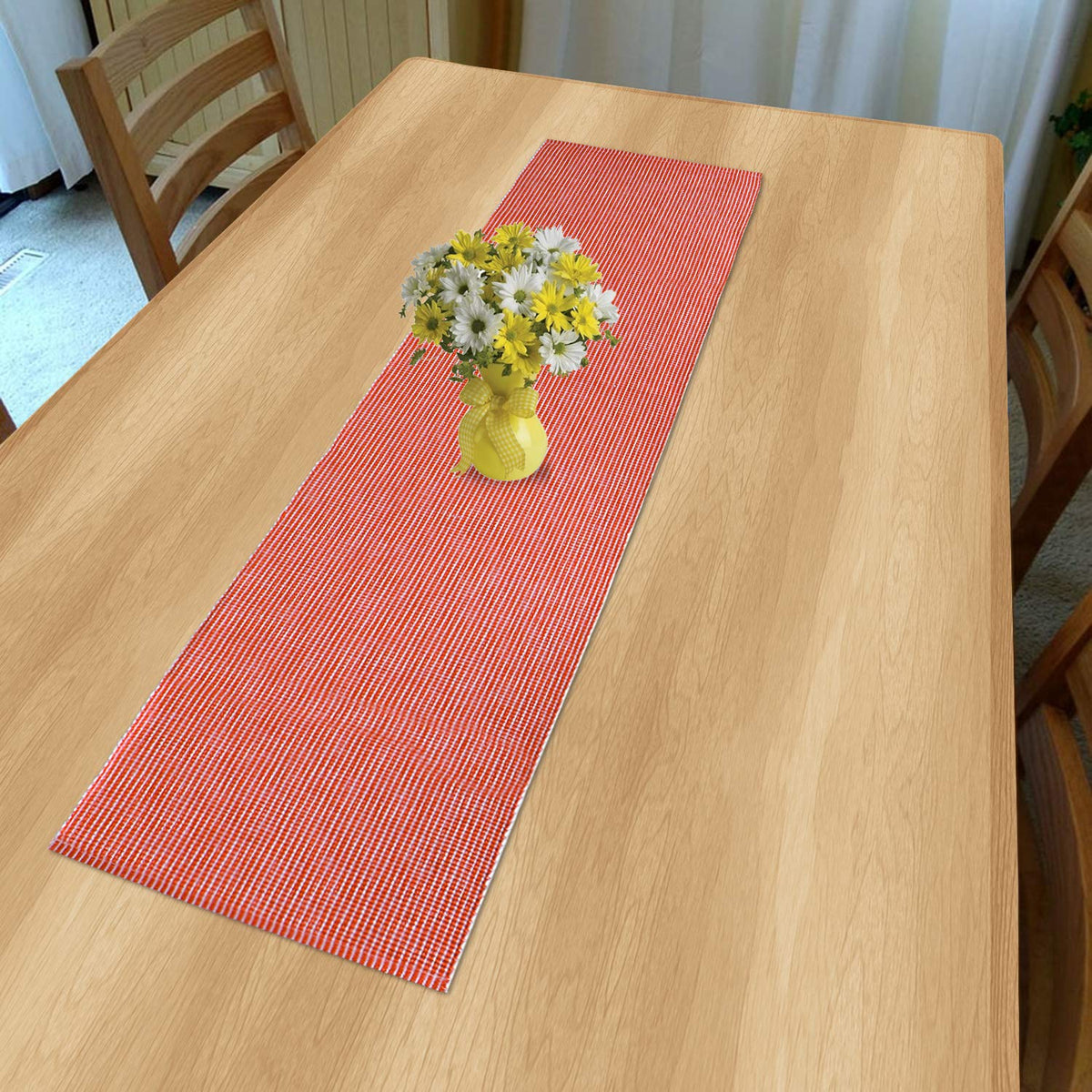 Buy Red Colour cotton ribbed washable table runner