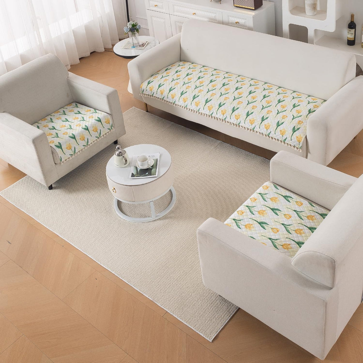Quilted Sofa Seat Mat for 5-Seater Sofa (3+1+1), Tassel Twigs | Tulip Blossom