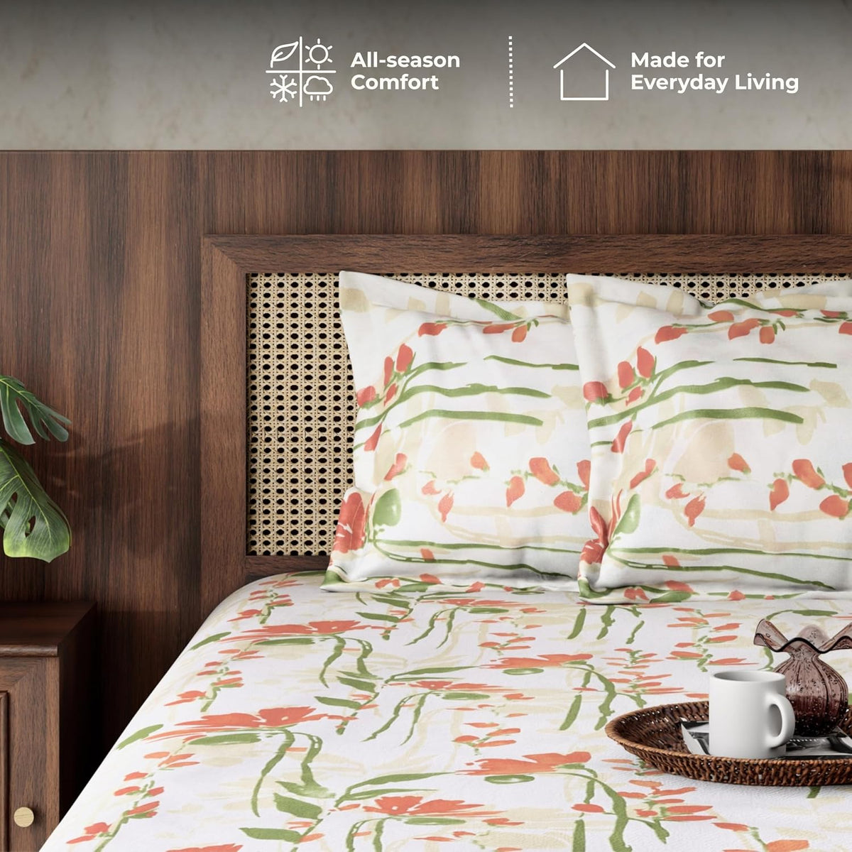 HOKIPO King Size Cotton Bedsheet, 2 Pillow Covers, Floral, Terracotta - image 6
