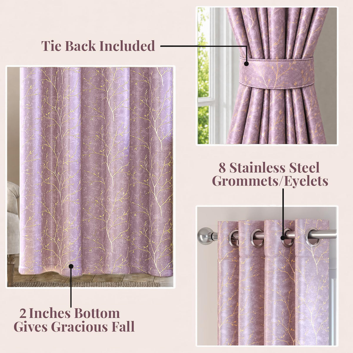HOKIPO Shimmer Foil Printed Curtains, 7 Feet Long - Onion Pink - image 4