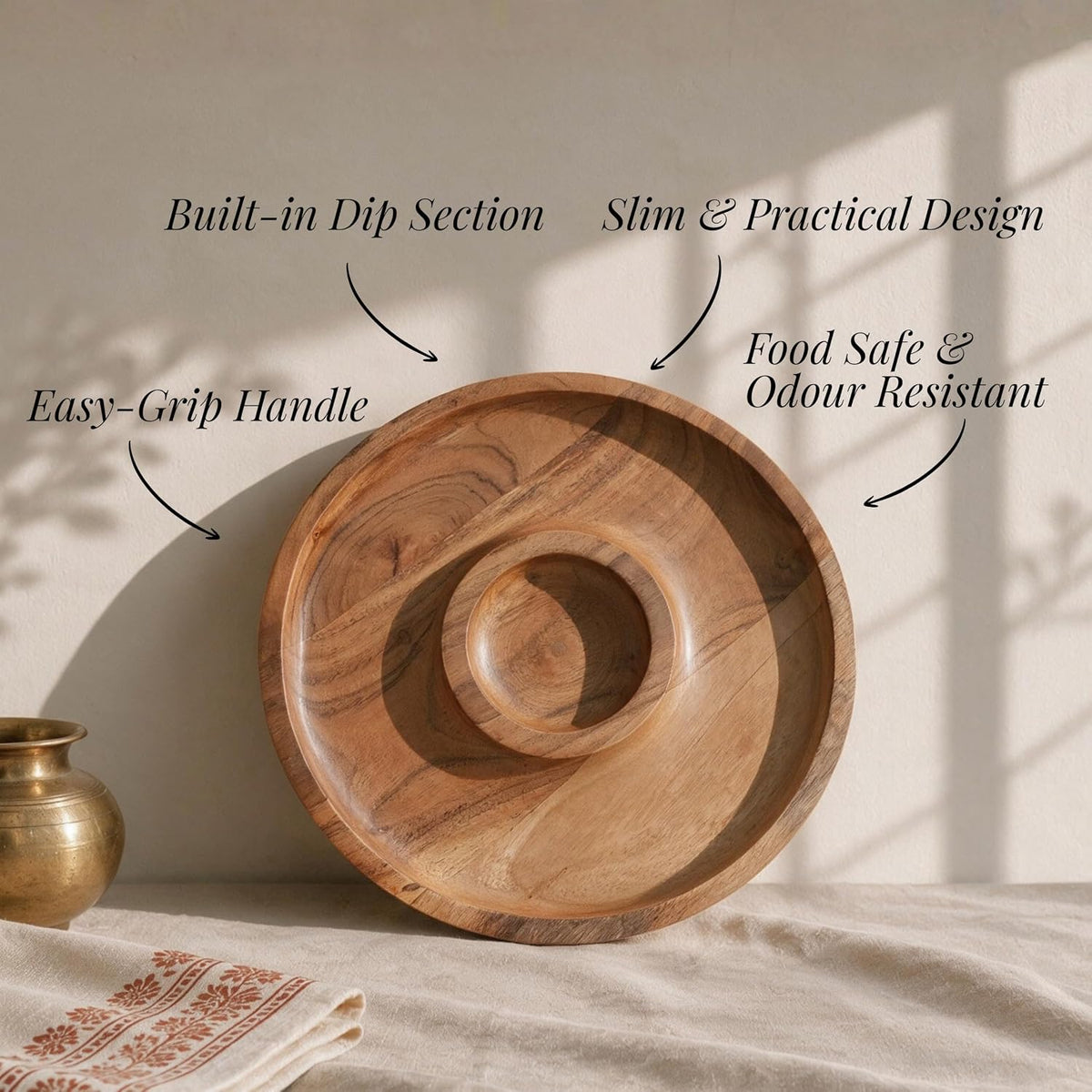 HOKIPO Arbor Acacia Wood Chip and Dip Platter, Round Dimsum Plate, 25 cm - image 4