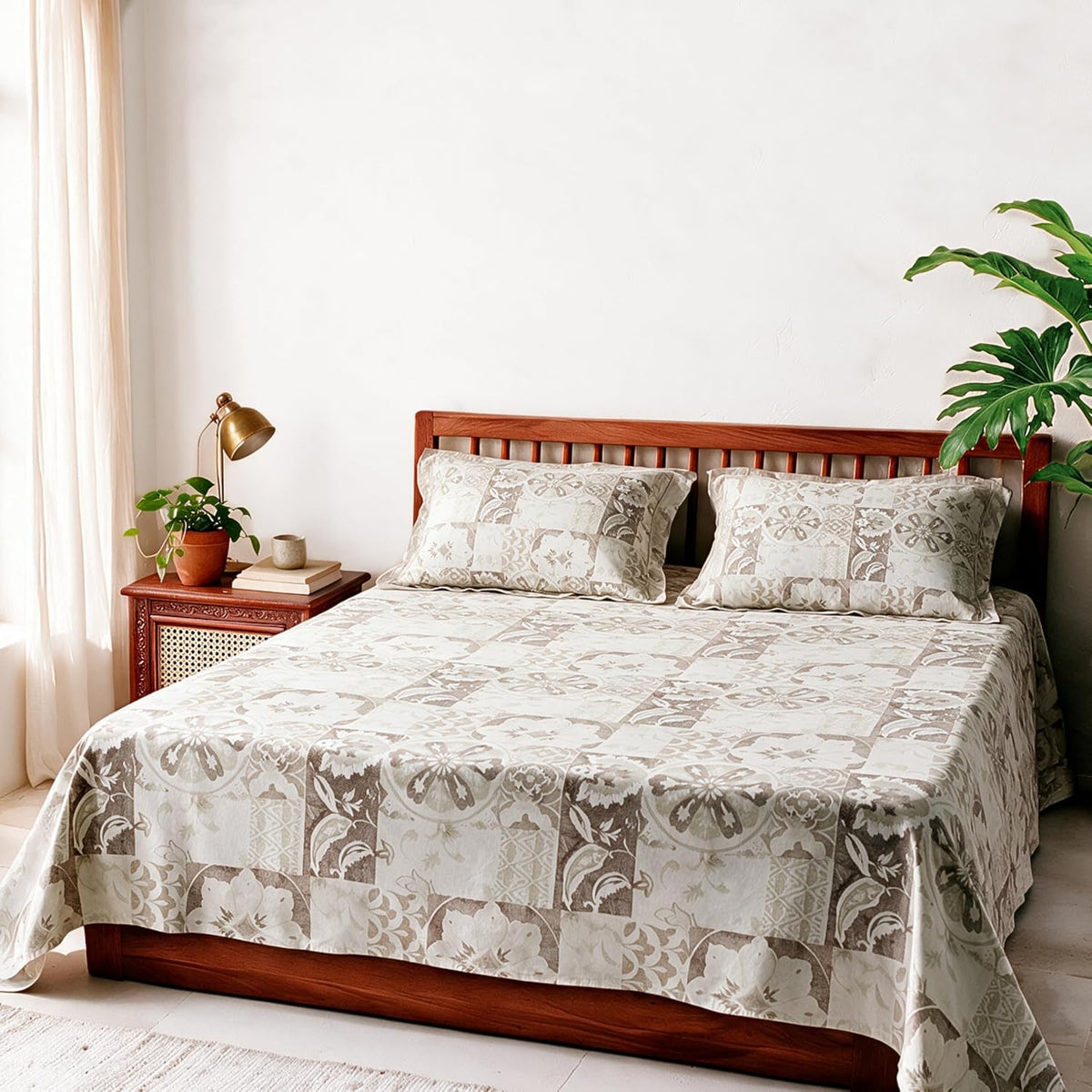 HOKIPO Floral 210 TC Cotton Sateen Flat Bedsheet, King, Beige & Ivory - image 10