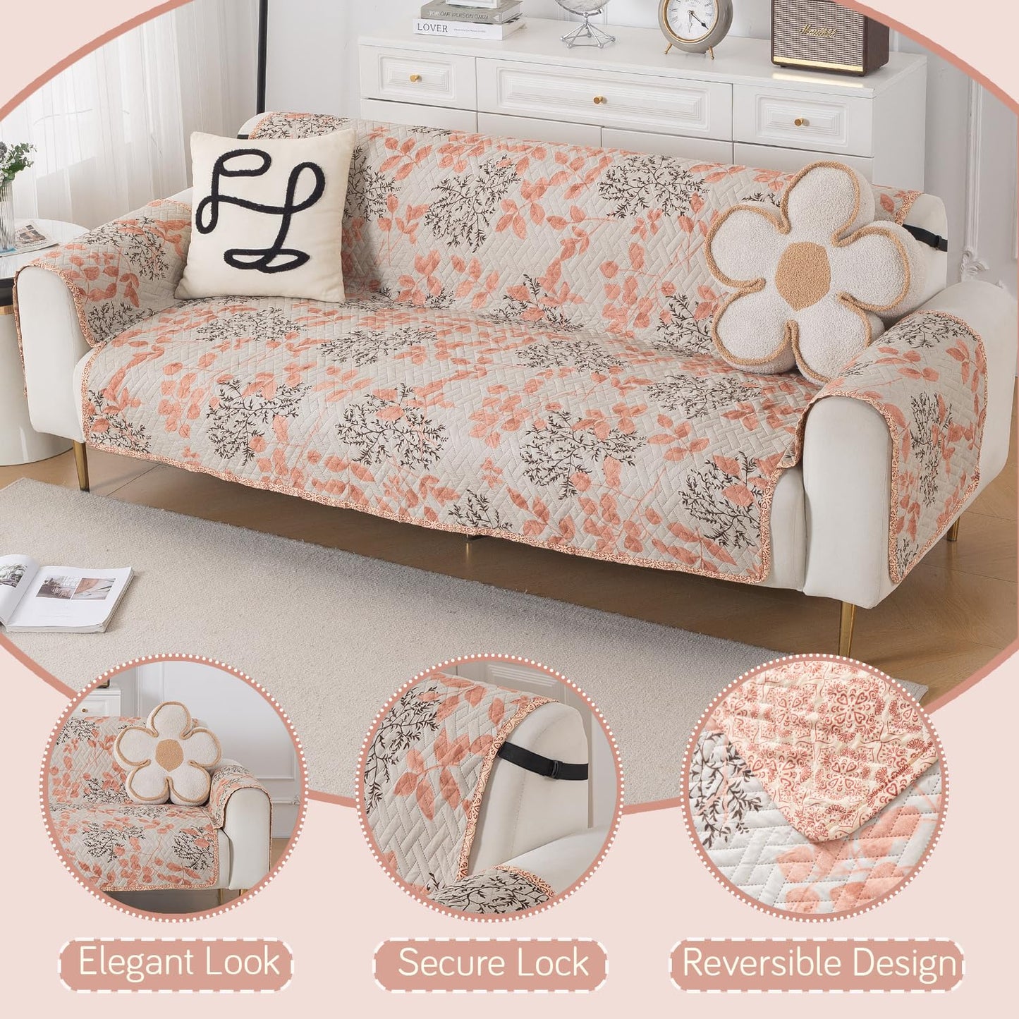 Easy Drape Reversible Quilted 5-Seater Sofa Cover (3+1+1), Peach Leaves