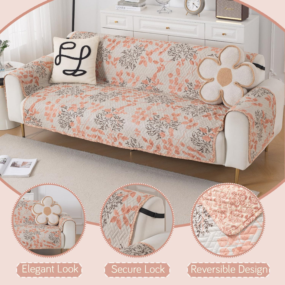 Easy Drape Reversible Quilted 5-Seater Sofa Cover (3+1+1), Peach Leaves