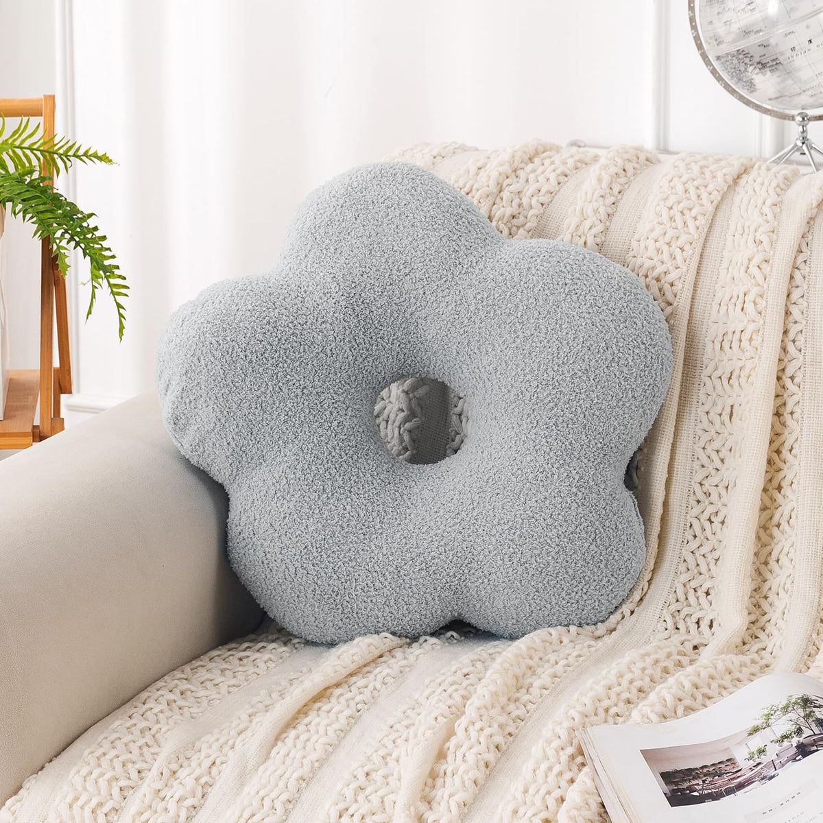 HOKIPO Flower Shaped Cushion for Sofa & Bed, 49 cm, Light Grey