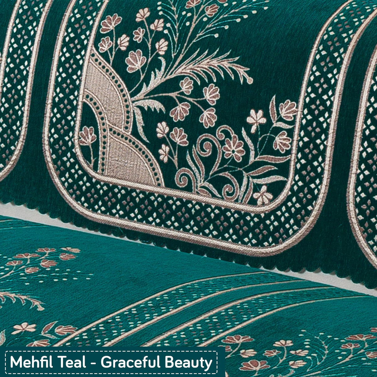 Royal Aangan Premium Chenille Jacquard Sofa Cover 5 Seater Set 3+1+1 Sofa Cover for Seat & Back, Mehfil Teal